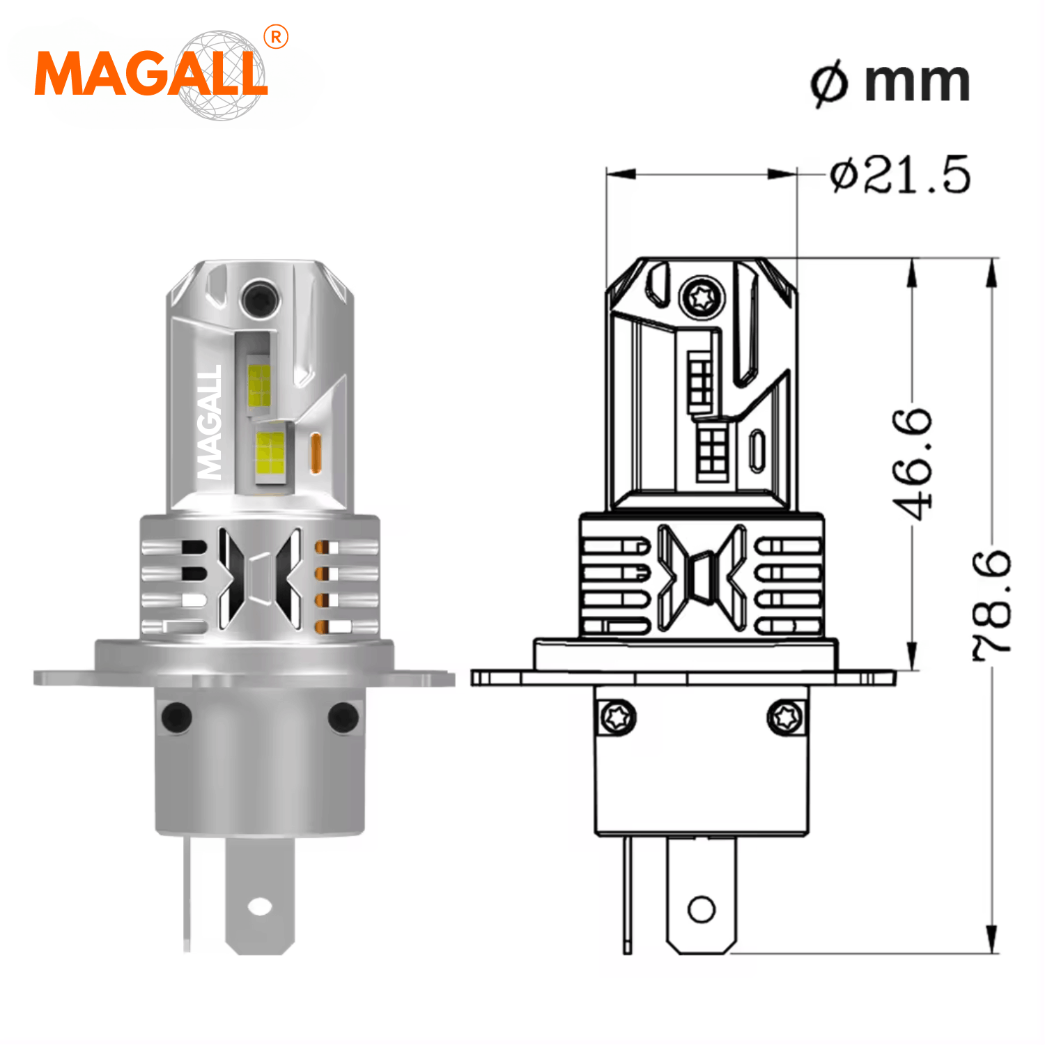 Żarówka LED H4 MAGALL X PRO 1 do 1 wymiary techniczne żarówki rysunek techniczny